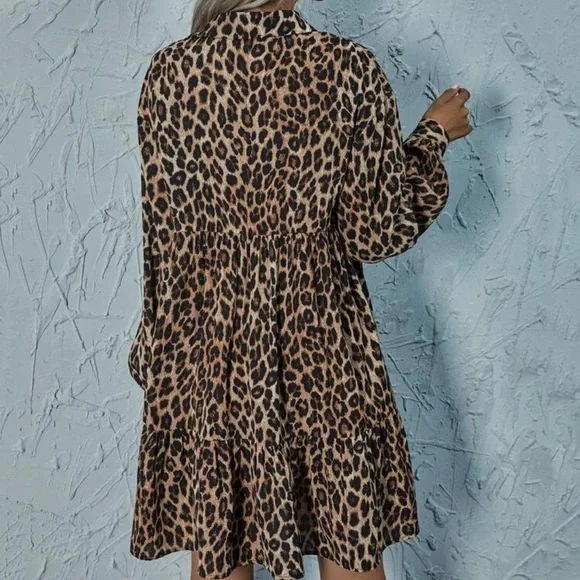 Ruffle tiered boho gypsy leopard print smock dress long sleeve v neck - Picture 3 of 4